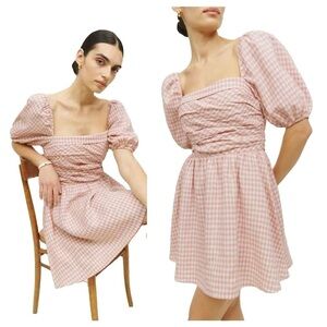 REFORMATION 100% Linen Pink Gingham Puff Sleeve Square Neck Zula Mini Dress NWT